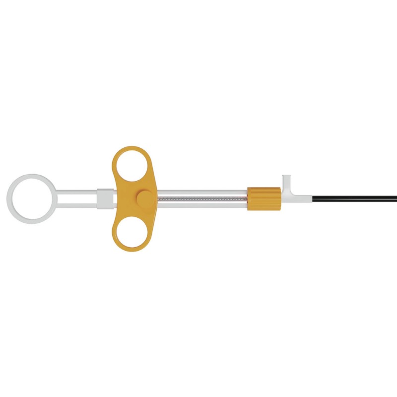 Net-pocket retrieval handle with yellow three-ring control and injection port