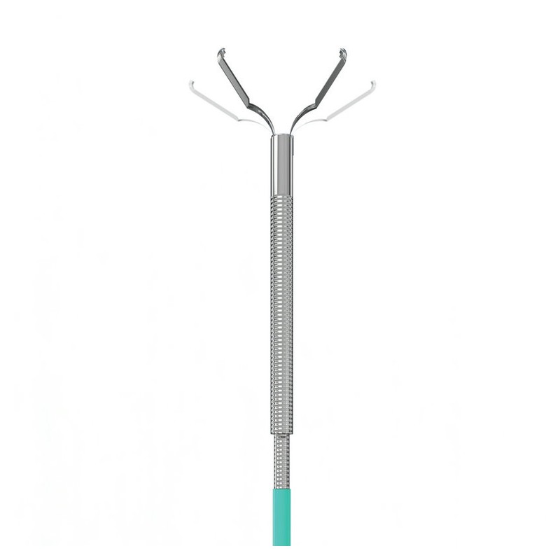 Hemoclip jaws opening and rotating to align with the lesion